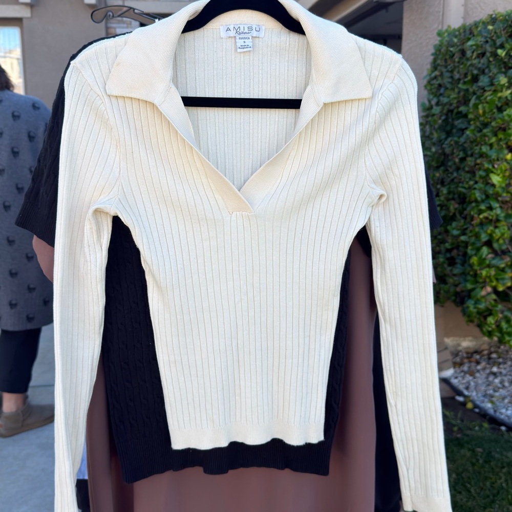 Amisu Cream Ribbed Knit Top